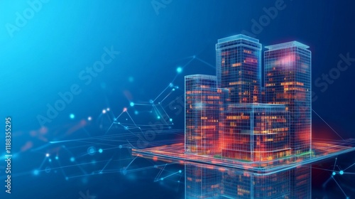 High-Tech Building Wireframe Hologram Model of Office Complex on Blue Background