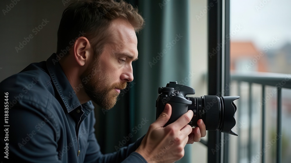 Man with beard using a camera by a window. Man with beard using a camera by a window.
