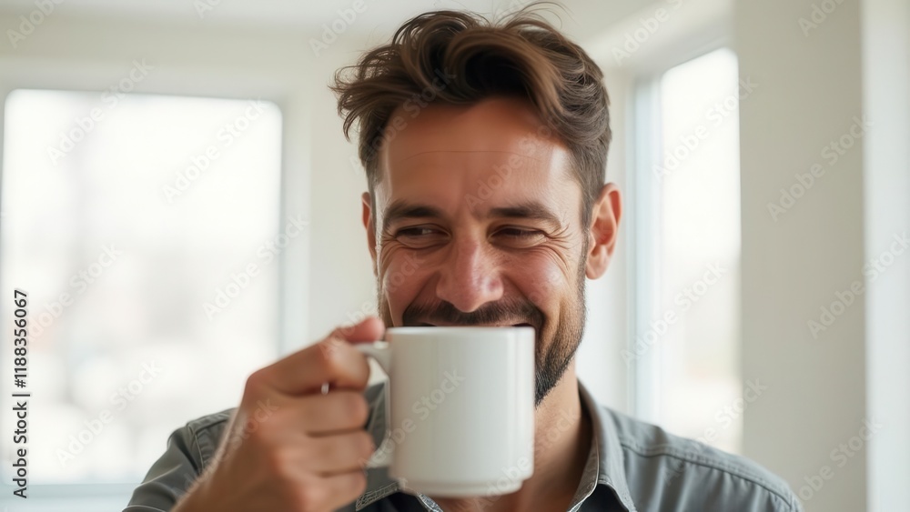 Happy man enjoying a morning coffee. Happy man enjoying a morning coffee.