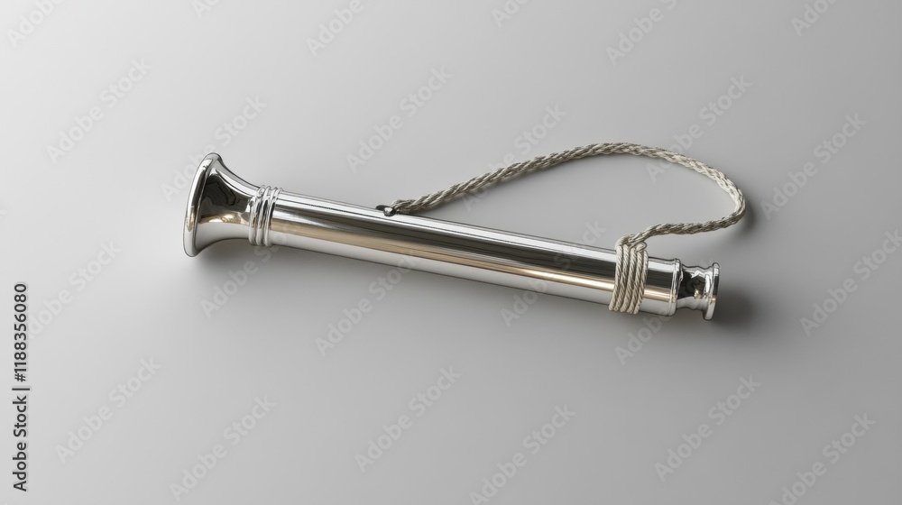 Silver whistle on string, minimalist design, plain backdrop, showcases craftsmanship and elegance, ideal for sports or emergency use Silver whistle on string, minimalist design, plain backdrop, showcases craftsmanship and elegance, ideal for sports or emergency use