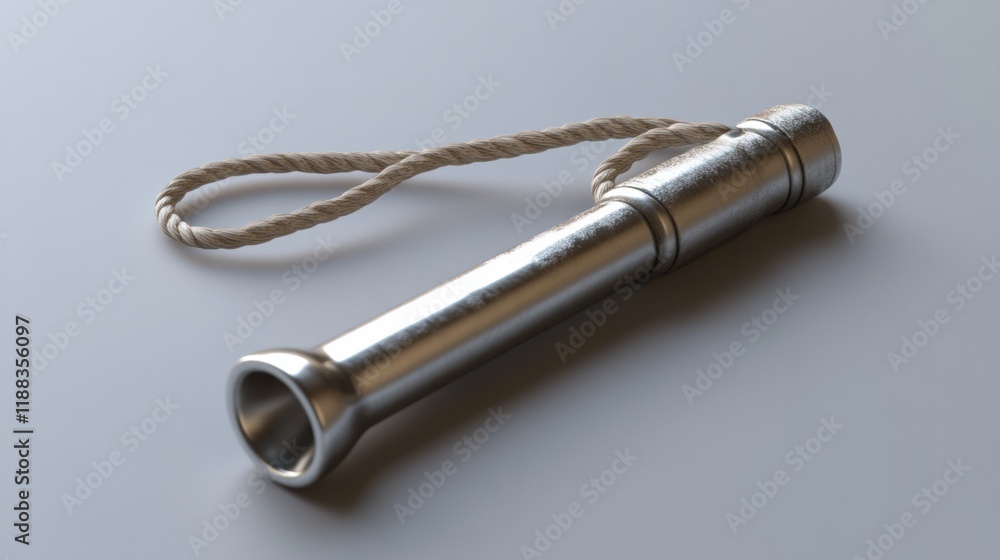 Elegant silver whistle with a string, prominently displayed against a minimalist backdrop, showcasing its classic design and craftsmanship Elegant silver whistle with a string, prominently displayed against a minimalist backdrop, showcasing its classic design and craftsmanship