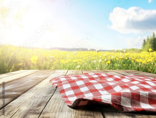 Red checkered tablecloth on rustic wooden table outdoors, sunny field background.