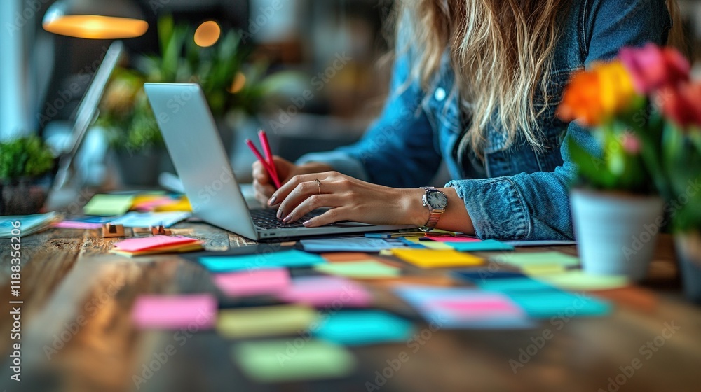 Fototapeta premium A person working on a laptop surrounded by colorful sticky notes in a cozy workspace.