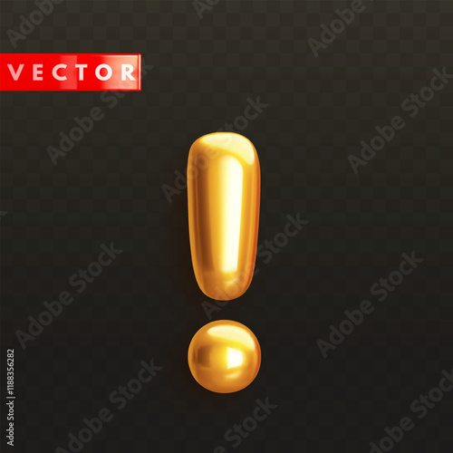 Glossy 3d exclamation mark icon in realistic style. Golden exclamation sign isolated on transparent black background. Symbol for alert, error, info, warning notification concept. Vector illustration