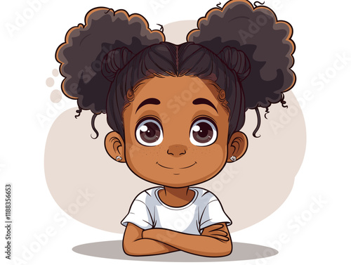 Cute little black girl with curly hair. Vector cartoon illustration.