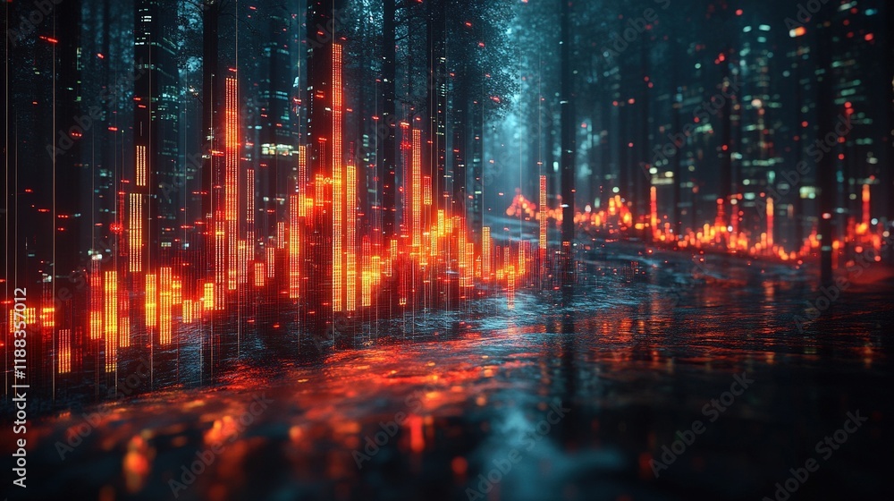 Naklejka premium A vibrant digital landscape showcasing sound wave visuals amidst a futuristic forest setting.