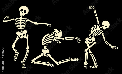 Human skeleton poses in a ballet dance. Human skeleton posing. Spooky Illustration for Halloween. Black Background. flat style design vector illustration for prints on t-shirts and more.