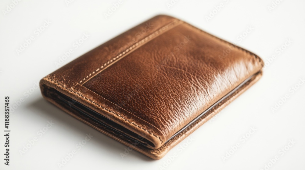 Elegant brown leather wallet, displayed on a smooth white background, highlighting its rich texture and timeless design. Elegant brown leather wallet, displayed on a smooth white background, highlighting its rich texture and timeless design.