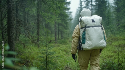 Clad in a space-like suit, an explorer ventures through a misty forest, evoking a sense of otherworldly adventure and mysterious discovery. photo