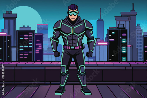 Cyberpunk style superhero with glowing accents in a high tech city, blending modern technology and heroic determination