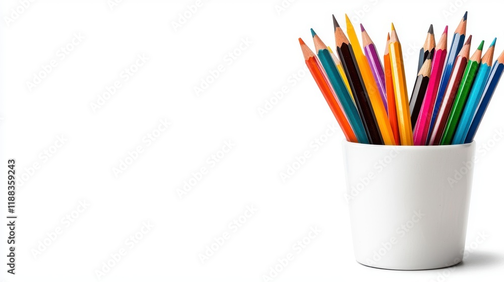 Colorful Pencils in a White Container on a Bright Background Colorful Pencils in a White Container on a Bright Background