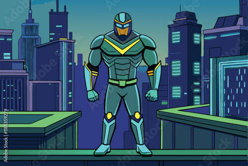 Powerful vigilante superhero in glowing neon armor overlooking a cyberpunk skyline with futuristic buildings and colorful lights