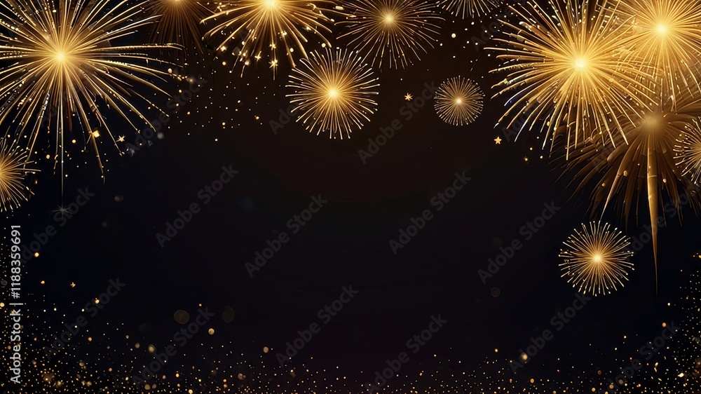 Fototapeta premium Firework border background, gold fireworks frame with stars and sparkles, firework banner