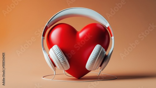 A vibrant red heart rests on a warm brown background, wearing stylish headphones, symbolizing the connection between music and love. This creative arrangement evokes passion and joy. photo