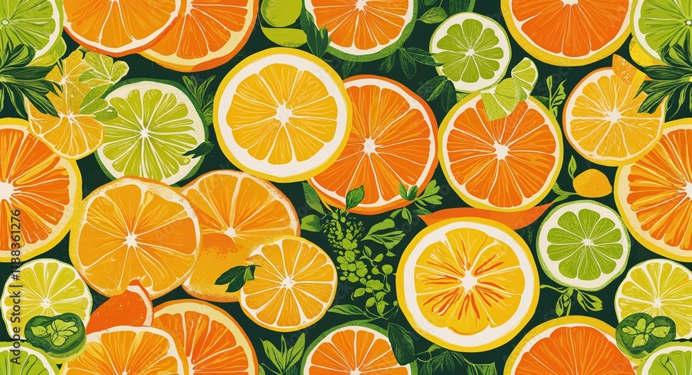 Obraz premium Sunny citrus slices in orange yellow and green patterns