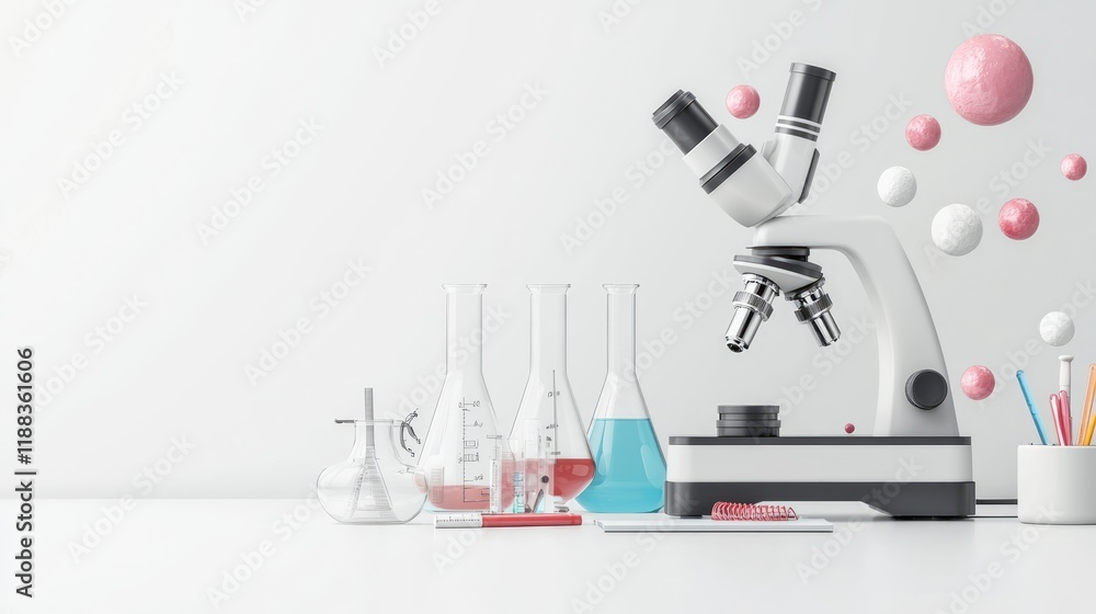 A modern microscope is placed among laboratory glassware and colorful spheres, creating a vibrant and scientific atmosphere.