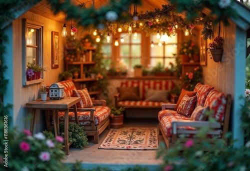 Cozy Garden Retreat With Warm Lights and Floral Accents Inviting Relaxation and Connection photo