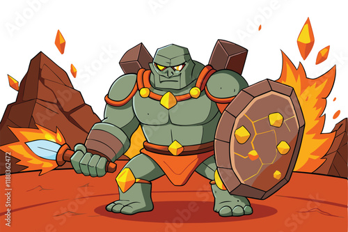 Powerful rock skinned warrior with crystal armor and a fiery weapon standing in a volcanic landscape surrounded by glowing crystals