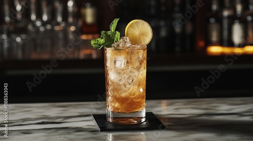 Indulge in the iconic Long Island Iced Tea, a potent concoction of vodka, rum, tequila, gin, and liquor, balanced with lemon juice. Served in a highball glass over ice