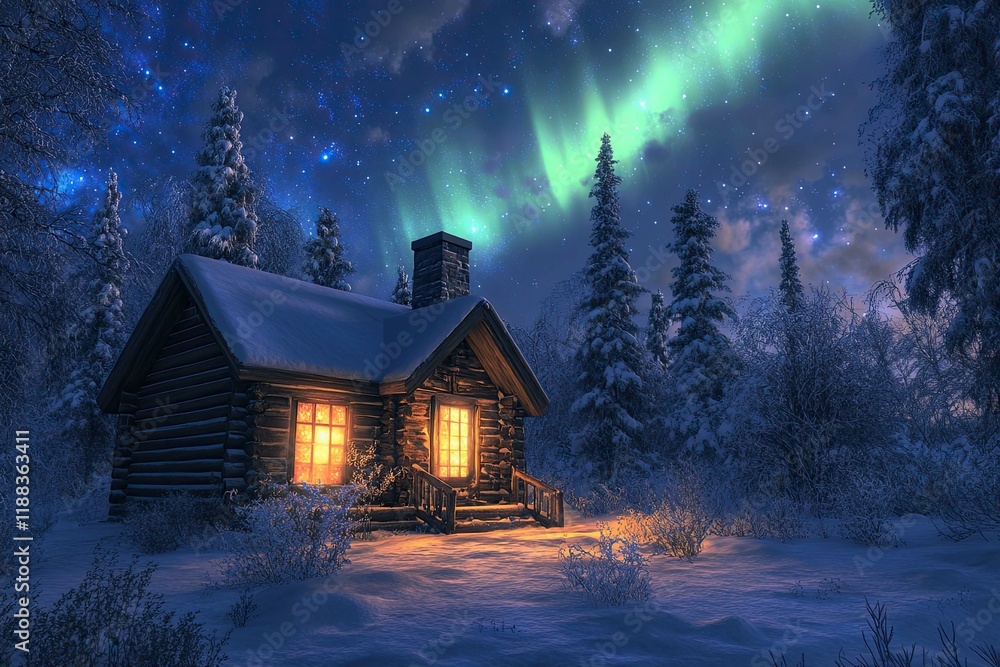 A cabin with a window overlooking a snowy landscape. The sky is filled with auroras, creating a serene and peaceful atmosphere A cabin with a window overlooking a snowy landscape. The sky is filled with auroras, creating a serene and peaceful atmosphere