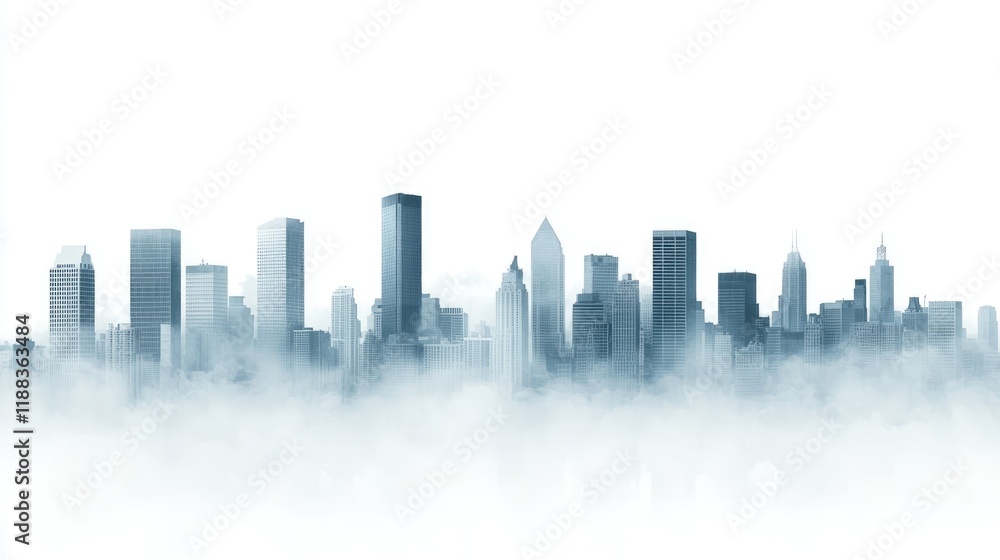 Fototapeta premium A misty skyline silhouette with tall buildings emerging through fog against a bright white background.