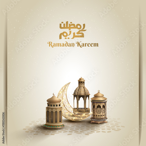 islamic greetings ramadan kareem card design with golden crescent and lanterns
