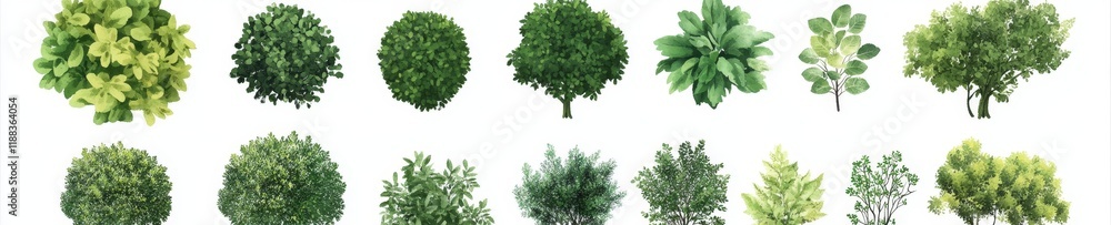 Aerial view of various green trees and shrubs, isolated on white background. Aerial view of various green trees and shrubs, isolated on white background.