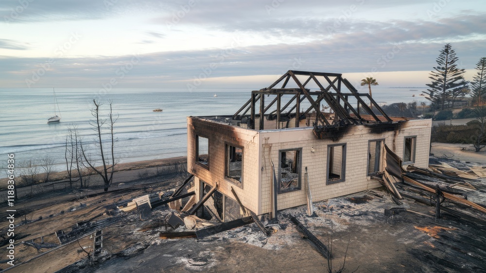 Devastated Beachfront with Burned Houses and Villas After a Massive Wildfire Devastated Beachfront with Burned Houses and Villas After a Massive Wildfire