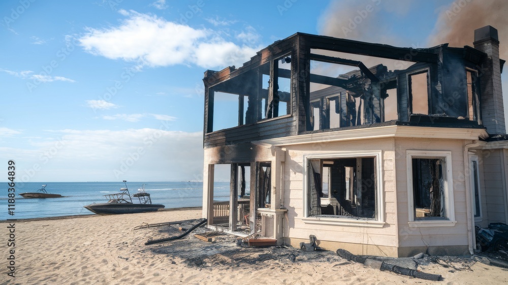 Devastated Beachfront with Burned Houses and Villas After a Massive Wildfire Devastated Beachfront with Burned Houses and Villas After a Massive Wildfire