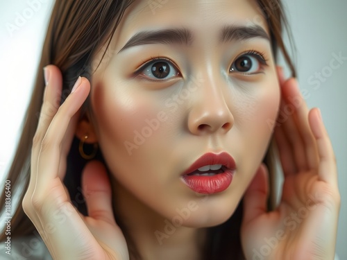 Close-up portrait of a surprised young woman with hands near face.