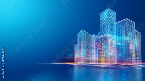 High-Tech Building Wireframe Hologram Model of Office Complex on Blue Background