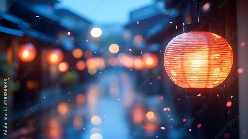 Illuminated Lantern In Rainy Asian Alleyway Illuminated Lantern In Rainy Asian Alleyway