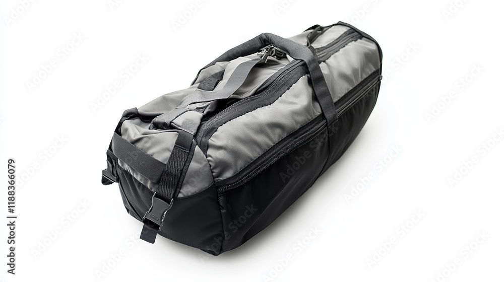 Isolated on a white background, this cricket equipment bag features a stylish combination of black and gray colors. Isolated on a white background, this cricket equipment bag features a stylish combination of black and gray colors.