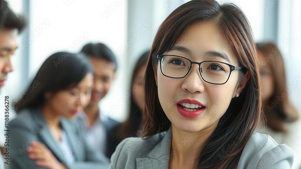 Young businesswoman speaks confidently during a meeting. Young businesswoman speaks confidently during a meeting.