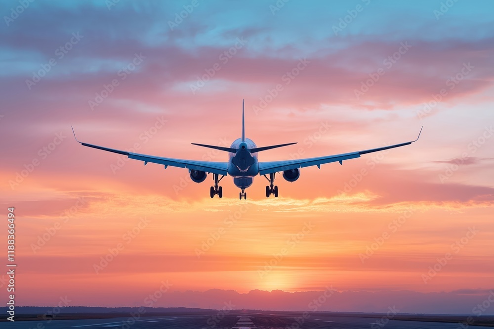 Airplane landing at sunset. Scenic aerial view of plane at dusk. Beautiful sky with clouds, glow. Journey by air. Peaceful, radiant moment. Aerial view of runway. Adventure in air transport. Travel Airplane landing at sunset. Scenic aerial view of plane at dusk. Beautiful sky with clouds, glow. Journey by air. Peaceful, radiant moment. Aerial view of runway. Adventure in air transport. Travel