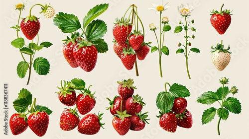 A collection of illustrated strawberries and related plants, showcasing their variety and natural beauty.