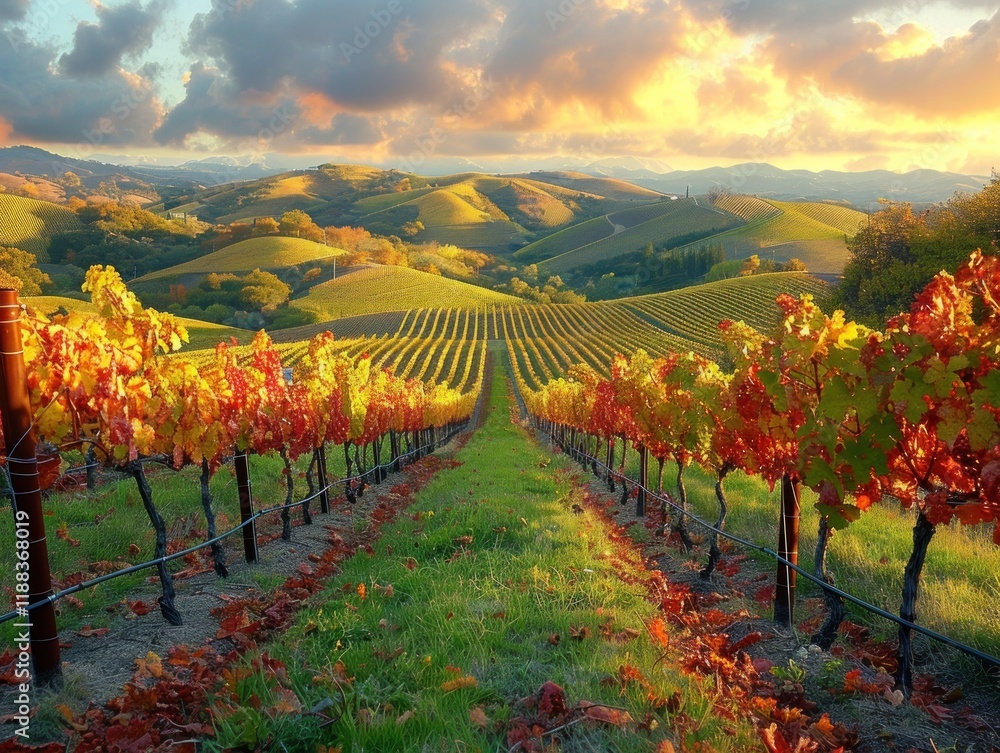 Naklejka premium Vineyard Rows at Sunset