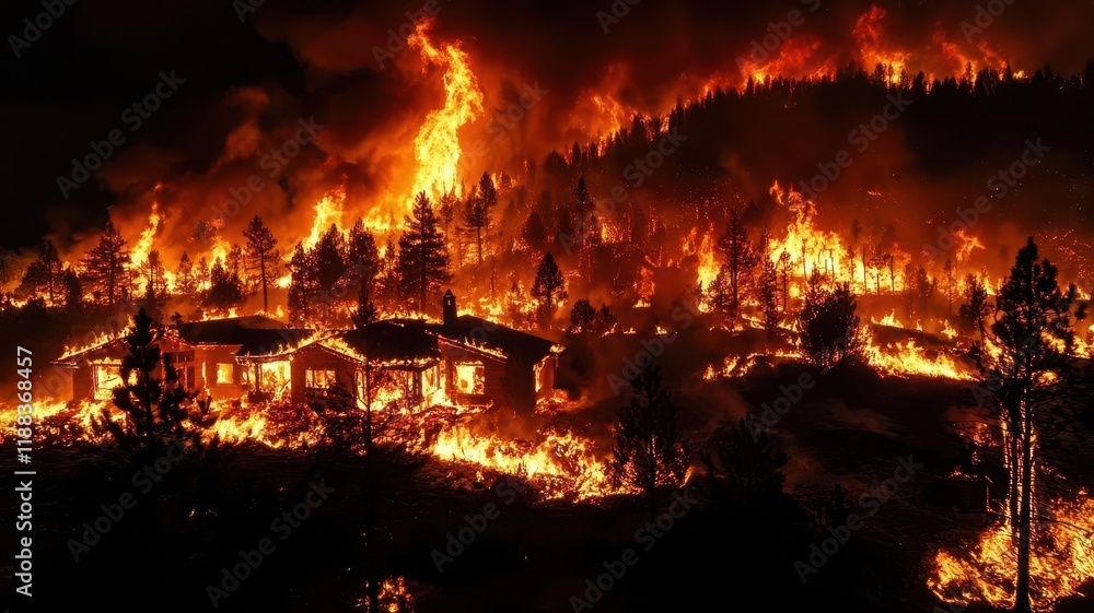 Wildfires burning home concept. A dramatic wildfire engulfs a forest area and buildings, showcasing intense flames and smoke under a dark night sky. Wildfires burning home concept. A dramatic wildfire engulfs a forest area and buildings, showcasing intense flames and smoke under a dark night sky.