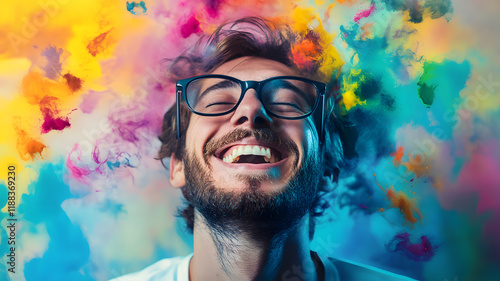 Young Man Smiling with Glasses and Colorful Smoke Background, Concept of Ideas and Creativity photo