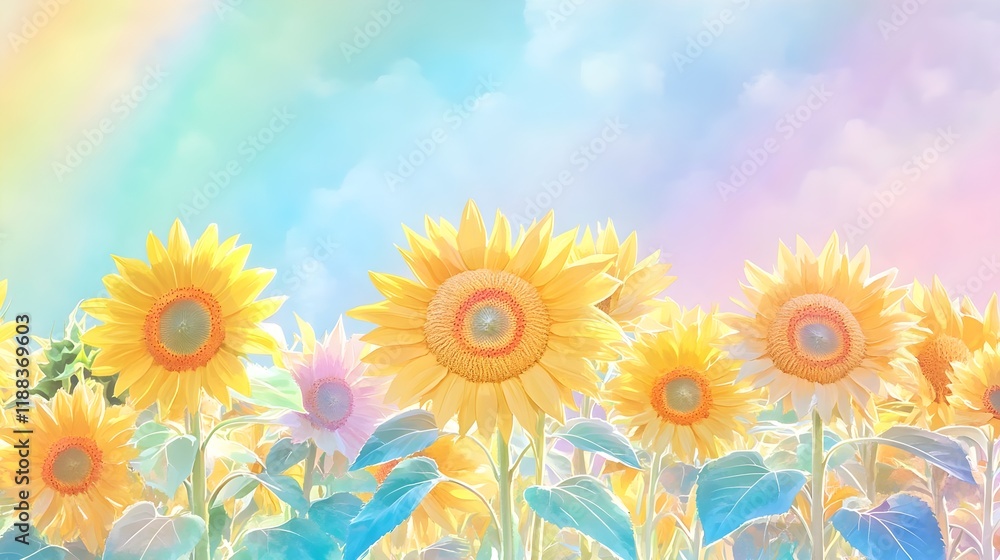 Obraz premium pastel sunflowers field dreamy sky - pastel colors