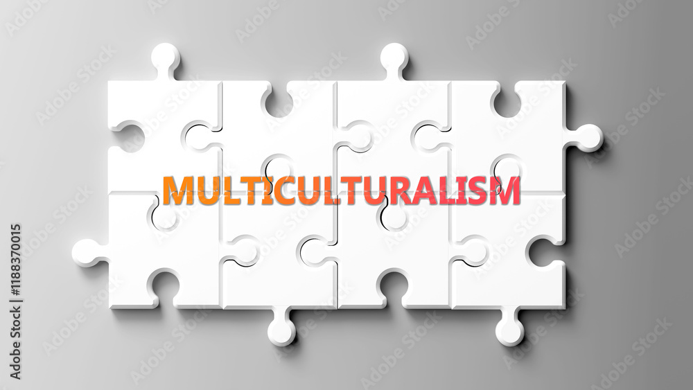 Multiculturalism complex like a puzzle - pictured as word multiculturalism on a puzzle pieces to show that multiculturalism is complex and needs cooperating pieces that fit together. ,3d illustration Multiculturalism complex like a puzzle - pictured as word multiculturalism on a puzzle pieces to show that multiculturalism is complex and needs cooperating pieces that fit together. ,3d illustration