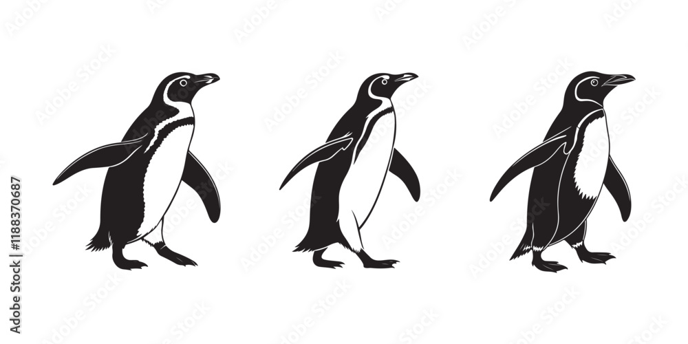 Fototapeta premium Black and white illustration of penguins, side view of penguins in different poses