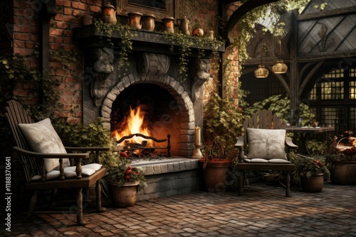 A Cozy Fireplace Takes Center Stage in a Historic Brick Edifice s Quaint Courtyard photo