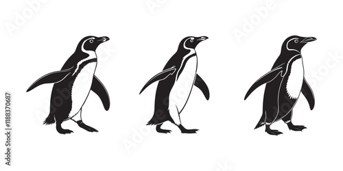 Black and white illustration of penguins, side view of penguins in different poses