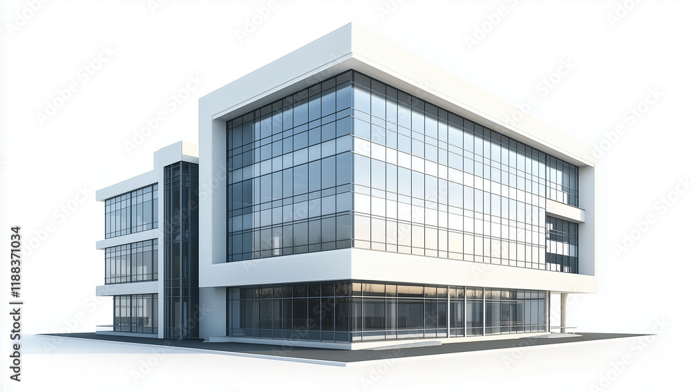 Fototapeta premium 3D rendering of a modern office building isolated on a white background, exterior front view and side view, high-resolution photography