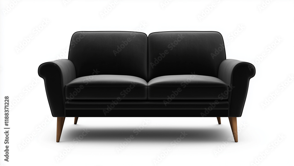 Fototapeta premium A black sofa is isolated on a white background, shown from the front view. The modern, elegant design features a two-seater loveseat couch made of black velvet fabric