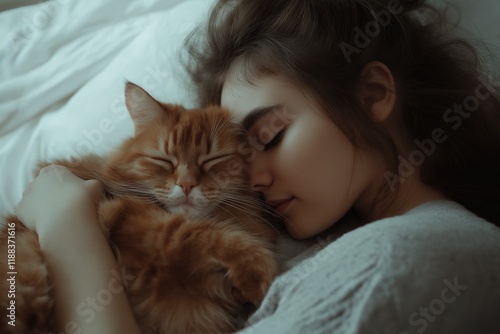 Young Female with Adorable Feline companion Resting on Bed, Cozy and Peaceful Home Environment photo