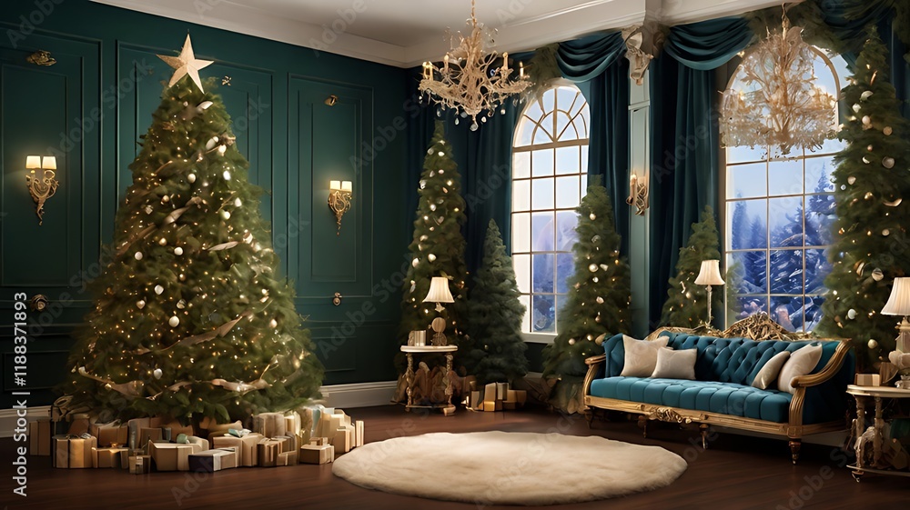 A lush evergreen tree is gracefully adorned with exquisite star decorations, creating a mystical atmosphere. A lush evergreen tree is gracefully adorned with exquisite star decorations, creating a mystical atmosphere.