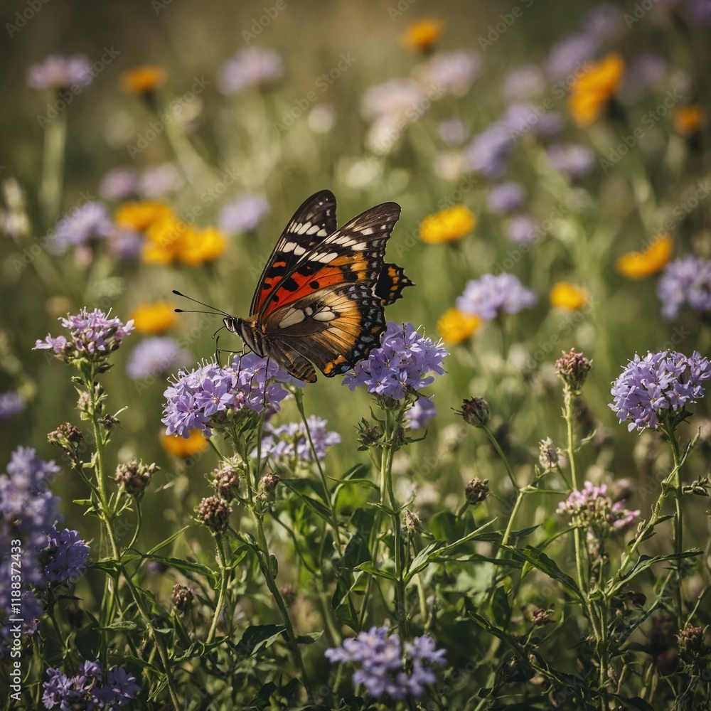 Naklejka premium A butterfly flying through a field of blooming wildflowers in springtime.