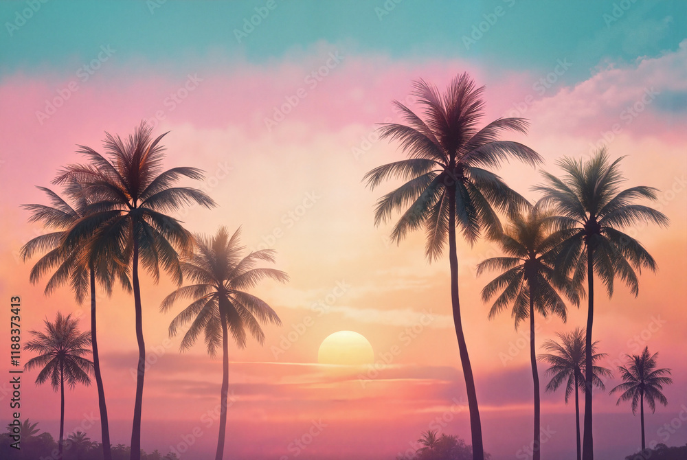 Tropical palm trees against a colorful sunset sky Tropical palm trees against a colorful sunset sky